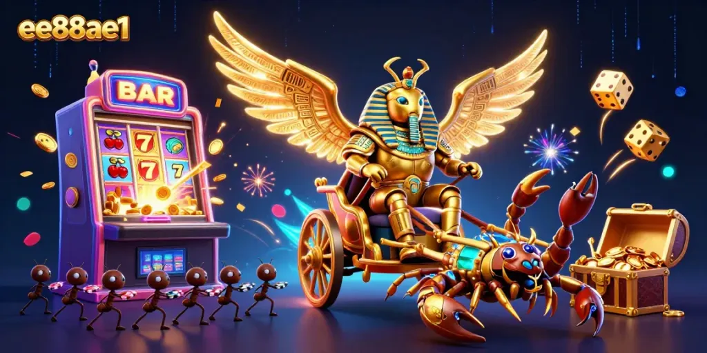 Experience the excitement with the colossal golden scarab beetle in a vibrant ee88ae1 casino scene, celebrating wins.