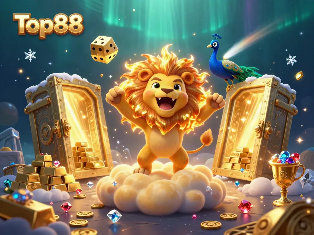 Top88 casino scene featuring a roaring sun lion, golden dice, and treasure elements.