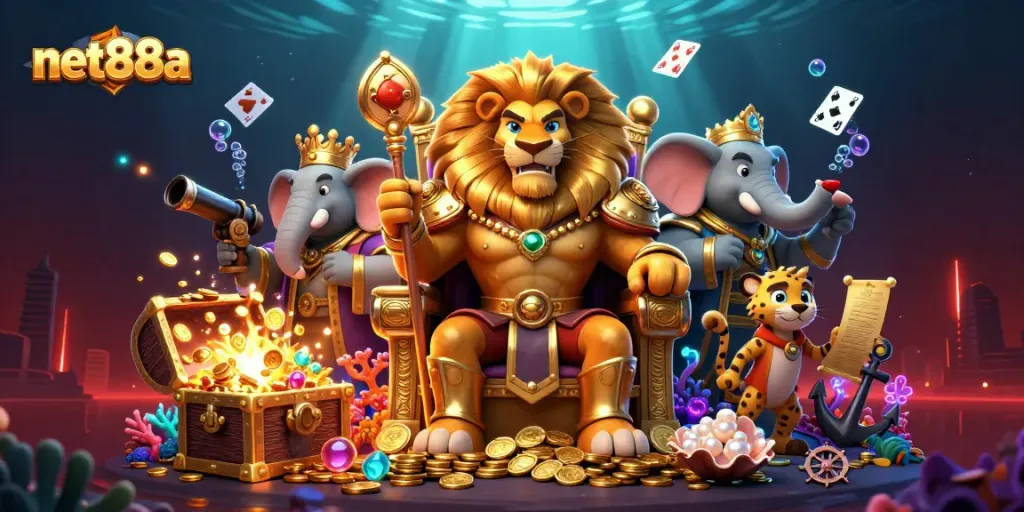 Engage in thrilling gameplay with net88a at a vibrant casino scene featuring a fierce lion king and dynamic characters.