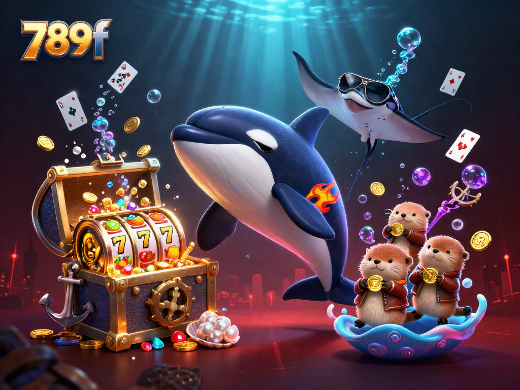 Experience the excitement of 789f with an orca, stingray, and otters amidst slot reels.