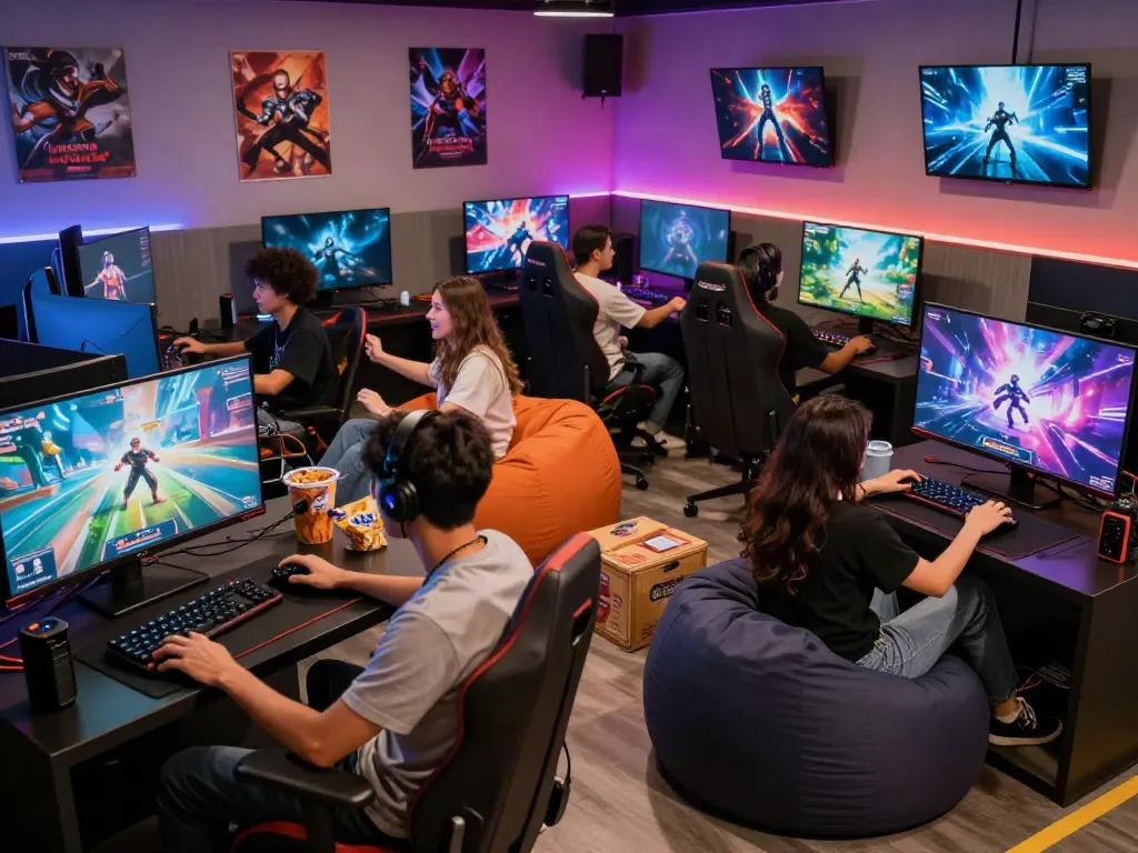 Vibrant gaming lounge environment showcasing friends enjoying kilat404 video games together.