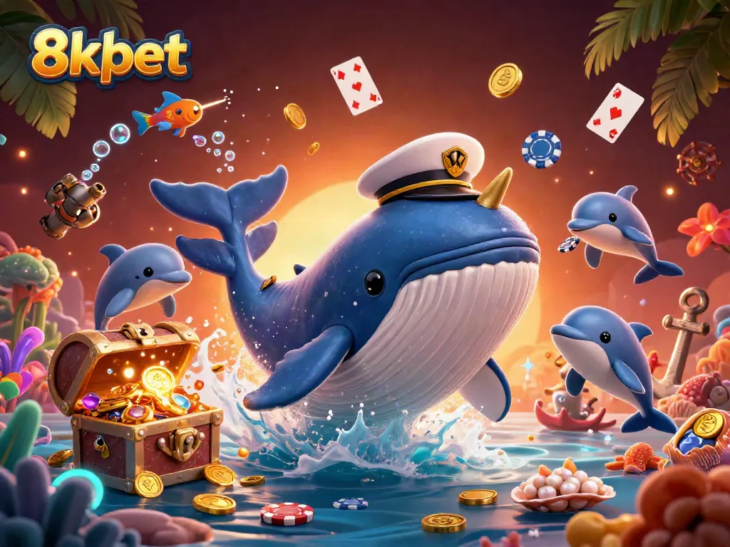 Experience thrilling games with 8xbet's energetic underwater-themed 3D illustration featuring vibrant characters and casino elements.