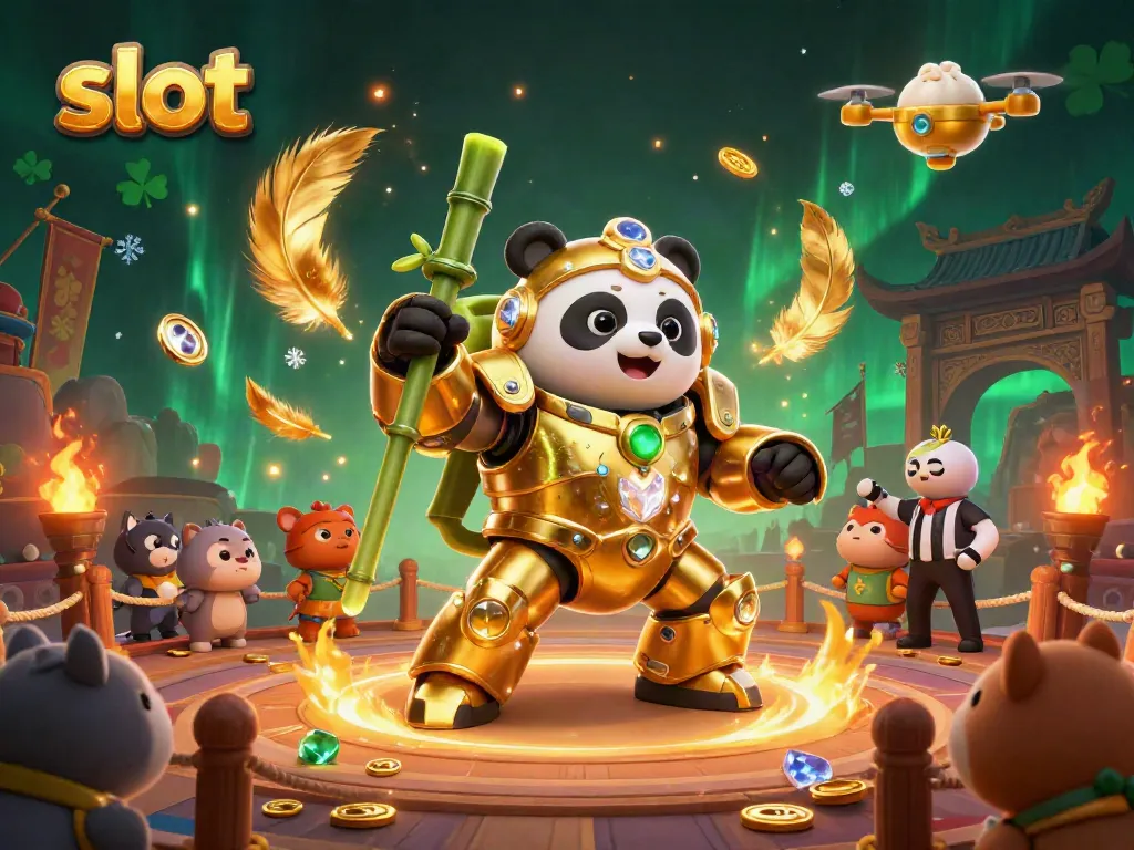 Menyaksikan slot di arena pertarungan dengan panda emas dan robot bambu.