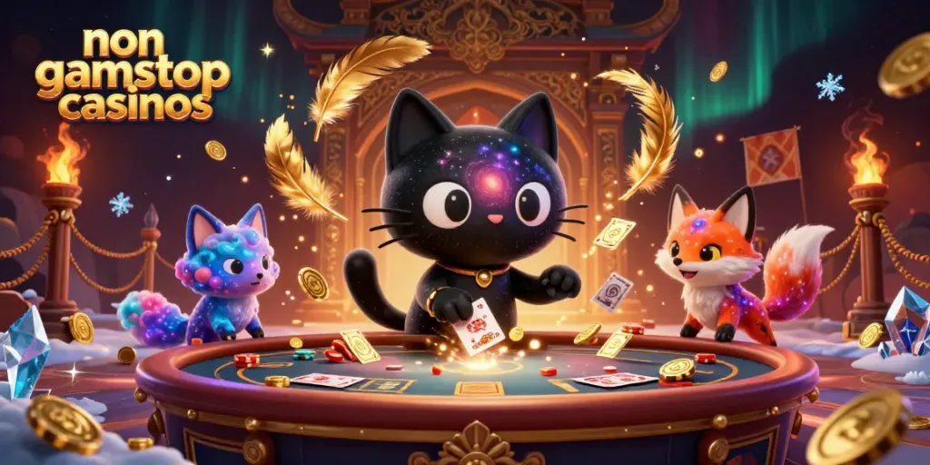 Engage with non gamstop casinos in a vivid cosmic casino scene featuring a captivating black hole cat.