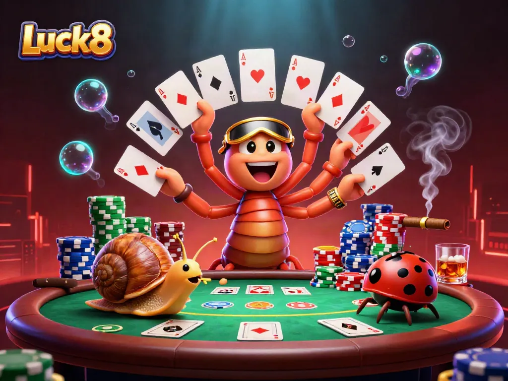 Experience the excitement at Luck8 with a vibrant casino scene featuring unique characters and casino elements.