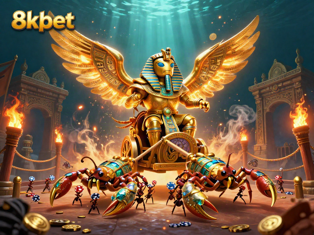 Engage with 8xbet's vibrant casino action illustrated by a colossal golden scarab beetle in a dynamic magical scene.