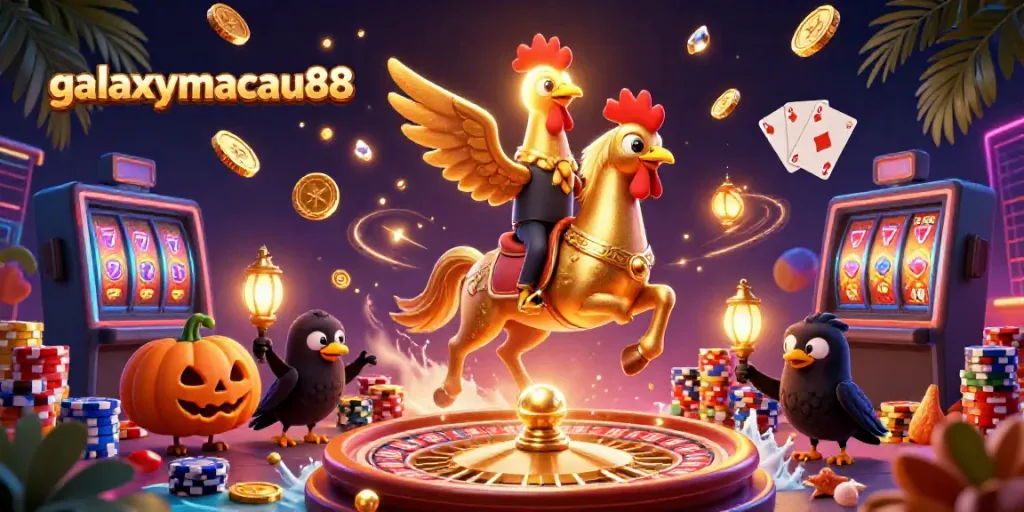 Experience galxymacau88 in a vibrant casino scene with golden rooster and dynamic gaming elements.