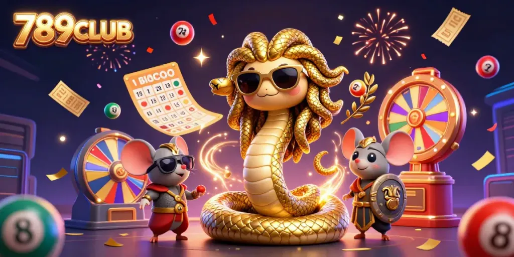 Engage with 789CLUB through a lively 3D illustration showcasing casino elements and festive themes.