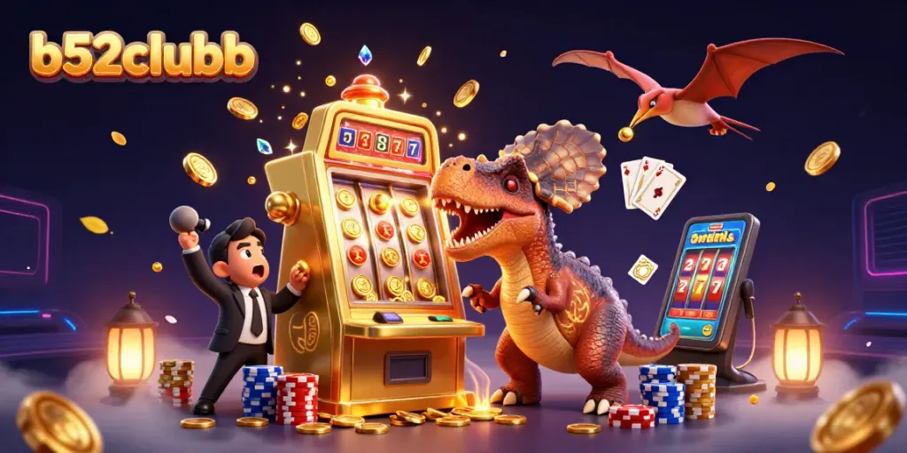 b52clubb players hitting the jackpot with cartoon dinosaurs in a bustling casino