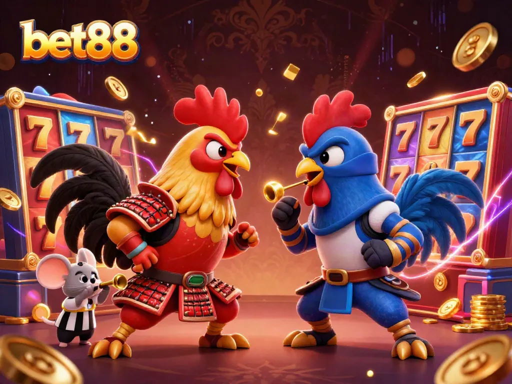 Engage in thrilling slot action at bet88 as fighting roosters take center stage amid vibrant casino elements.