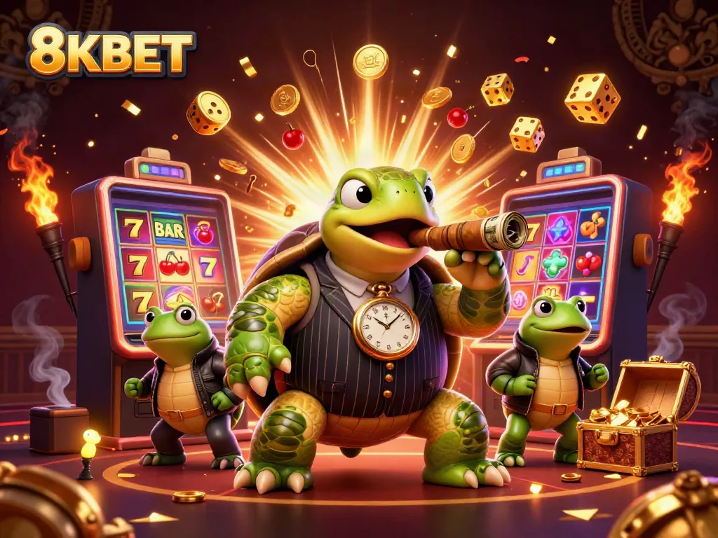 Engage with 8KBET as a snapping turtle in mobster attire enjoys jackpot excitement on a vibrant casino floor.