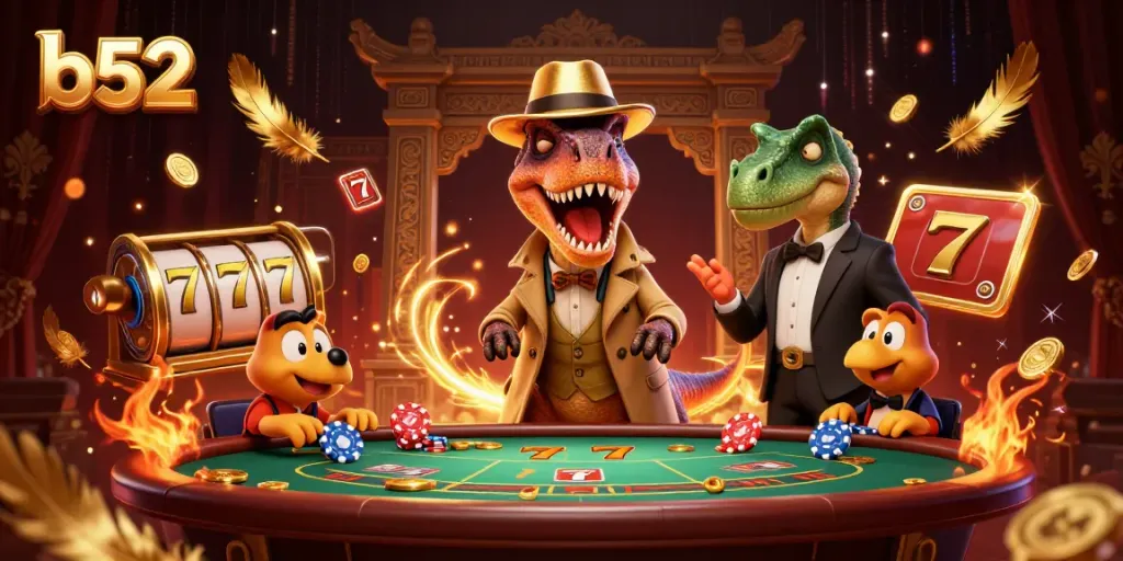 Play b52 like never before with velociraptor card counter at blackjack table, surrounded by casino elements.