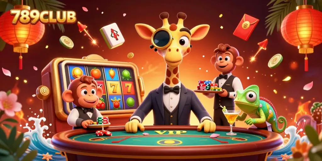 Join the excitement at 789CLUB with a vibrant casino scene featuring unique characters and lively gambling elements.