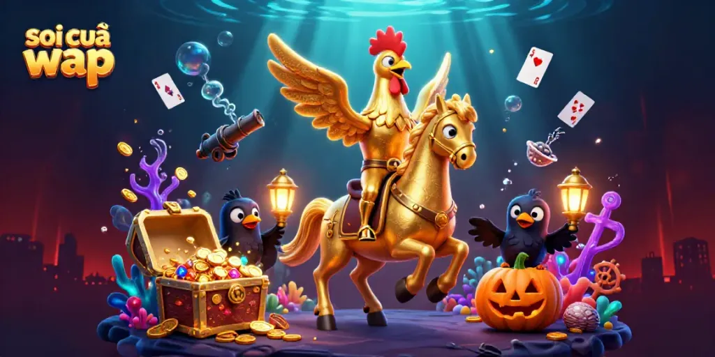Engage with soi cầu wap in this vibrant casino scene featuring golden rooster characters and underwater treasures.