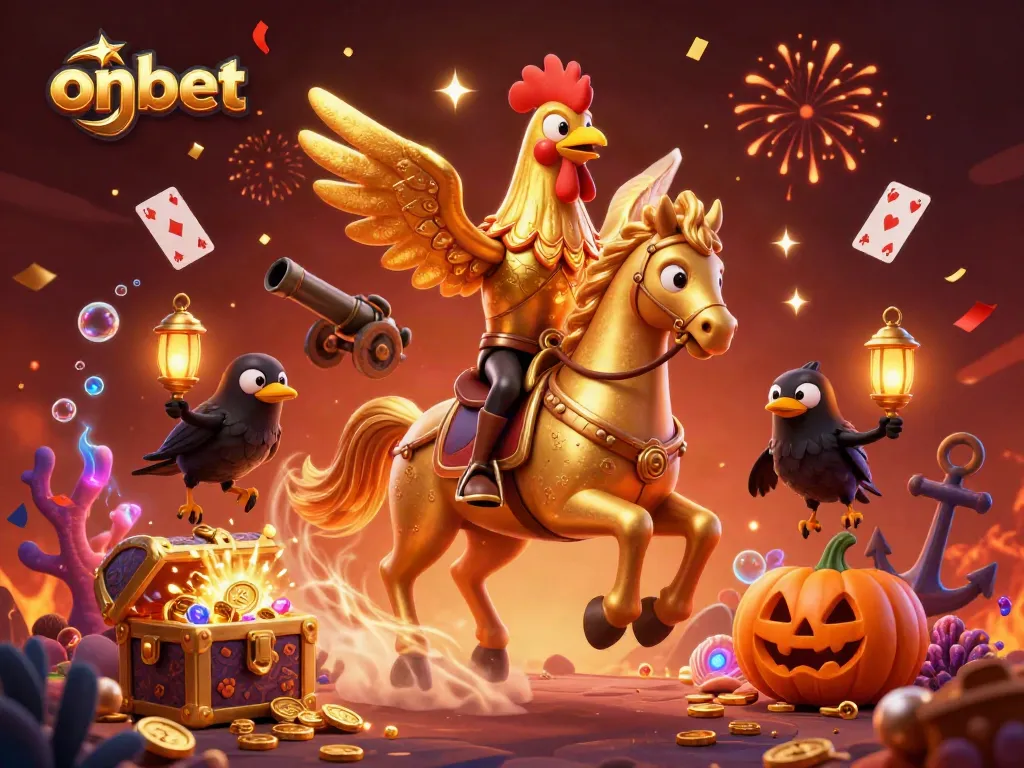 Engage with onbet through a vibrant casino scene featuring golden rooster characters and treasure-filled aquatic elements.