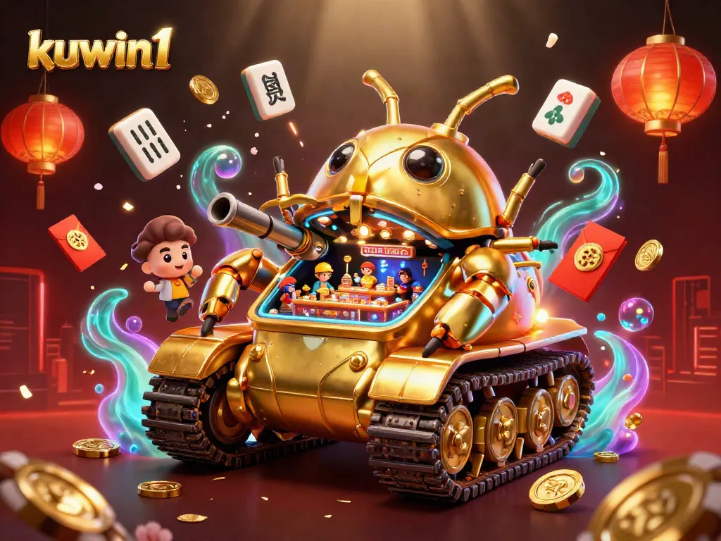 Kuwin1 brings excitement with a 3D cartoon casino tank amidst festive gambling themes.