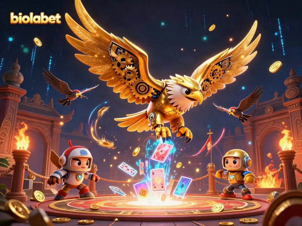 Engage with biolabet's cybernetic eagle soaring through holographic cards in a vibrant casino realm.