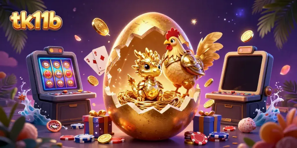 Experience the magical realm of tk11b with a colossal golden dragon, poker chips, and lively gaming elements.