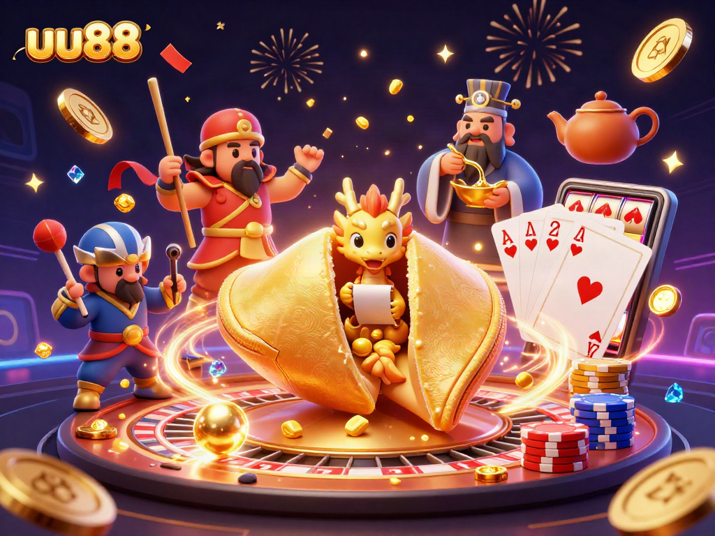 uu88 showcases a vibrant 3D casino scene featuring a dragon and fortune cookie in action.