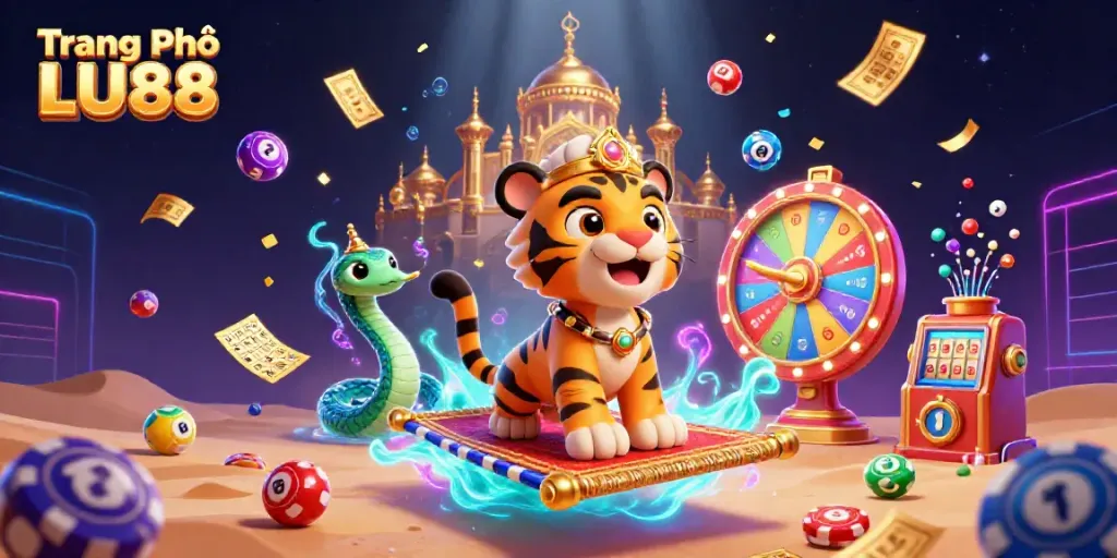 Engage with the thrilling world of Trang Chủ LU88 featuring a colorful gaming scene with vibrant lottery elements.
