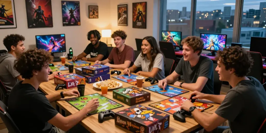 Kilat404 gaming experience with friends enjoying various board and video games in a cozy urban setting.
