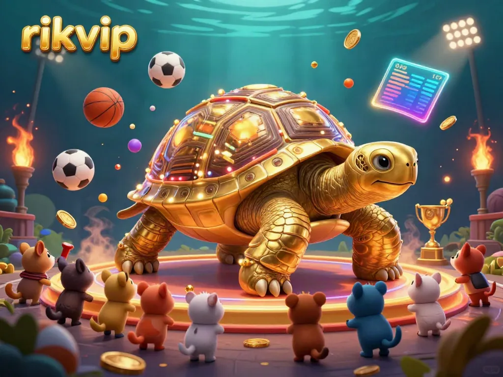 Engage with rikvip's vibrant gaming scene featuring a golden tortoise pinball machine and a dynamic sports theme.