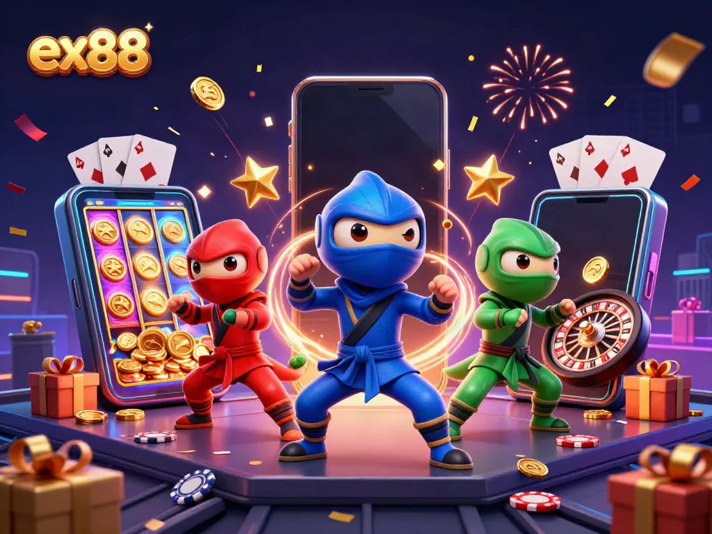 Bet on ex88 with vibrant 3D chameleons performing casino martial arts amid slot games and confetti.
