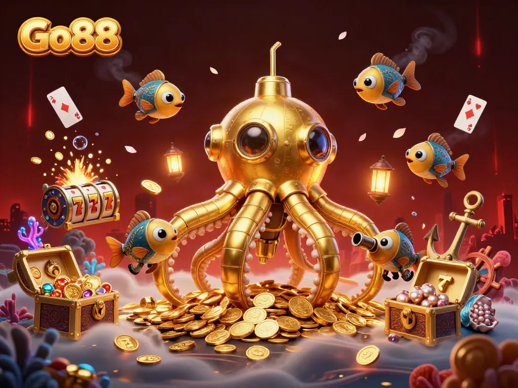 Experience exciting online gaming with Go88, showcasing a golden kraken submarine amidst vibrant treasures and slot symbols.
