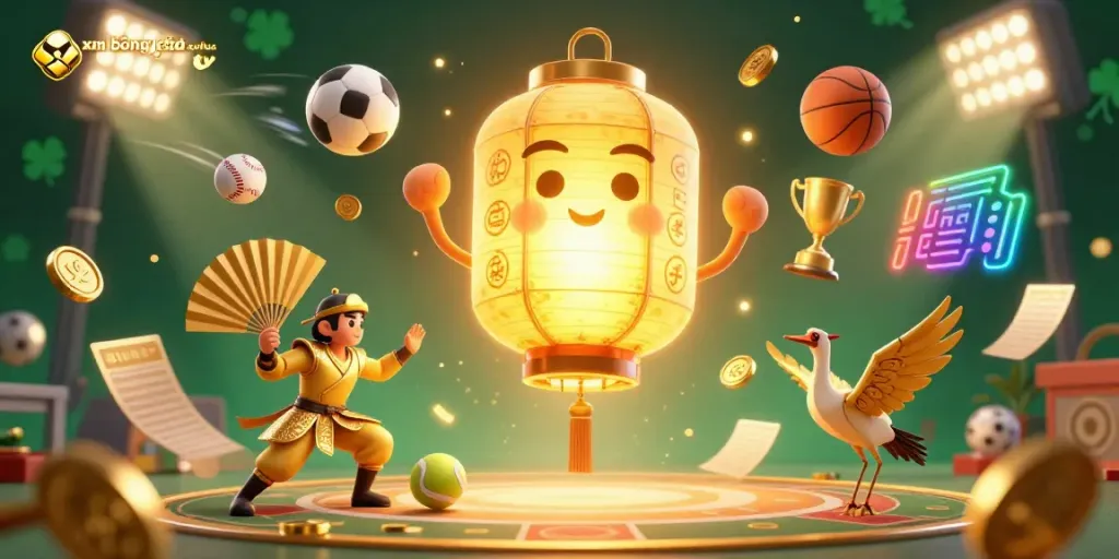 Xem bóng đá Xoilac TV with a dynamic scene of sports betting elements, glowing golden lantern, and vibrant characters.