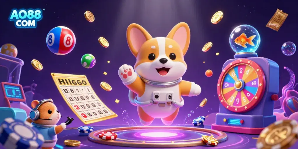Experience winning thrills in a vibrant AO88 COM casino scene with animated characters and dynamic lottery elements.