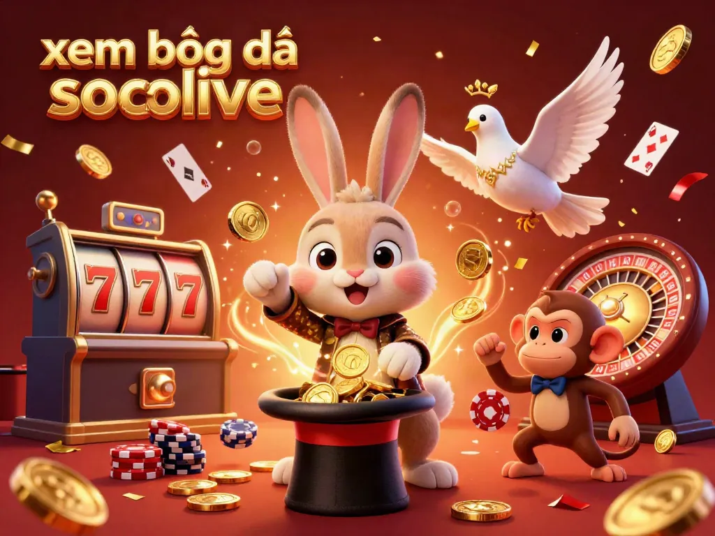 Engaging scene depicting xem bóng đá socolive with a magician rabbit and monkey in a vibrant casino setting, showcasing dynamic gaming elements.