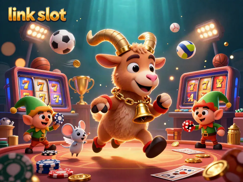 Experience thrilling gameplay with link slot in a festive casino scene depicting unique characters and dynamic elements.