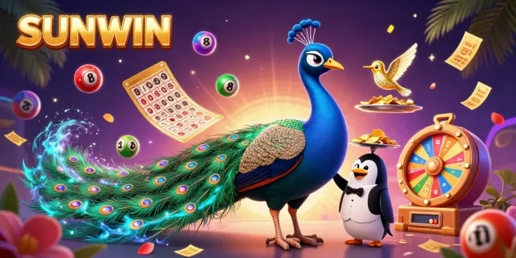 Experience vibrant gaming action with SUNWIN characters in a dynamic casino scene filled with lottery elements and colorful visuals.