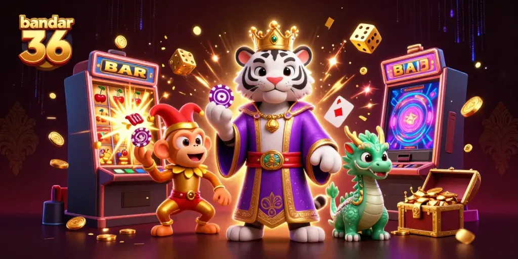 Bandar 36 menghadirkan jackpot besar dengan karakter singa putih dan monyet beraksi di kasino digital.