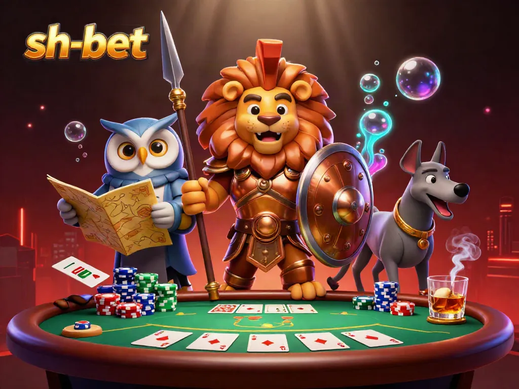 Engage in high-stakes poker with sh-bet's Spartan lion champion surrounded by chips and cards.