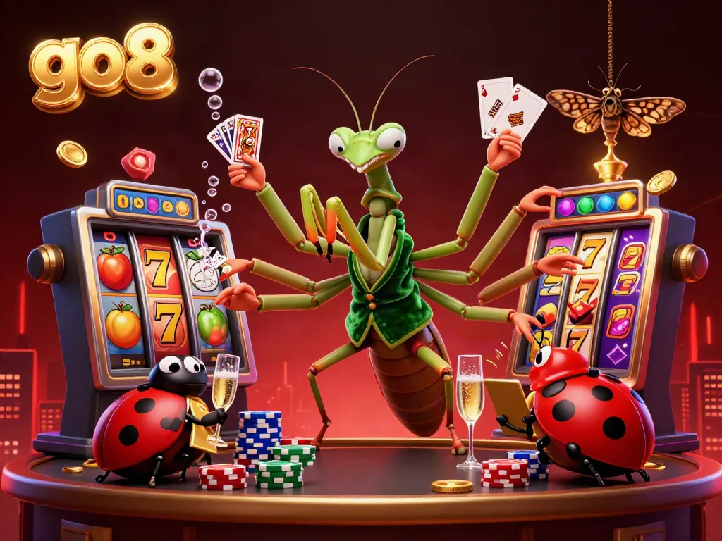 Experience the thrilling atmosphere of go8 with a dynamic giant mantis card sharp and ladybug pit boss in a vibrant casino setting.