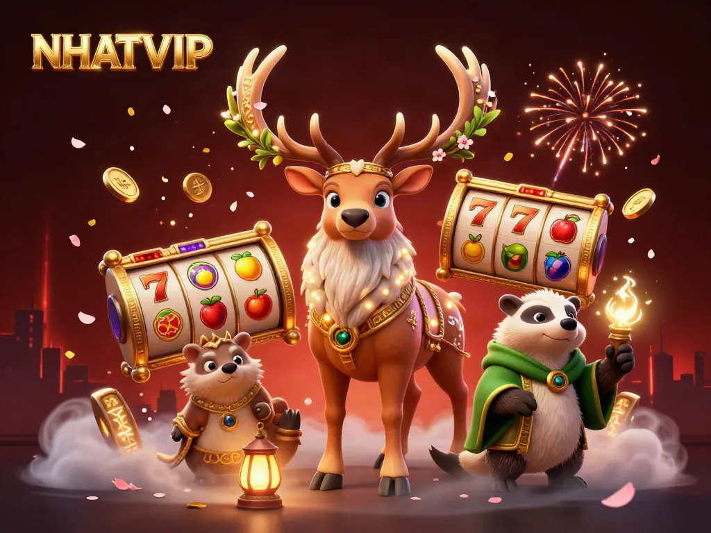 Experience thrilling slots with NHATVIP in a vibrant 3D casino scene featuring druid and lucky elements.