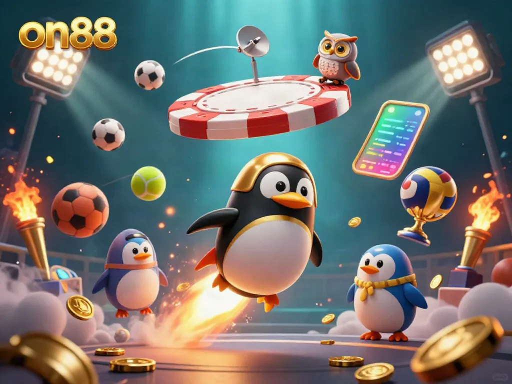 Experience the excitement at on88 with a 3D illustration showcasing a golden penguin and casino elements.
