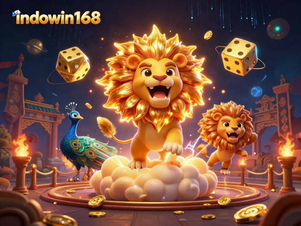 Indowin168 menghadirkan keseruan kasino dengan elemen permainan mewah dan modern dalam ilustrasi 3D.