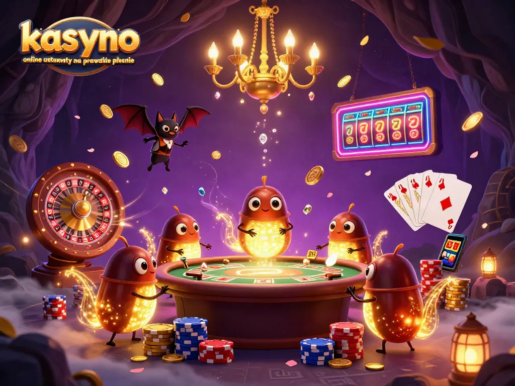 Engage with kasyno online automaty na prawdziwe pieniądze in this vibrant 3D illustration featuring captivating glowworms, coins, cards, and a bat dealer.