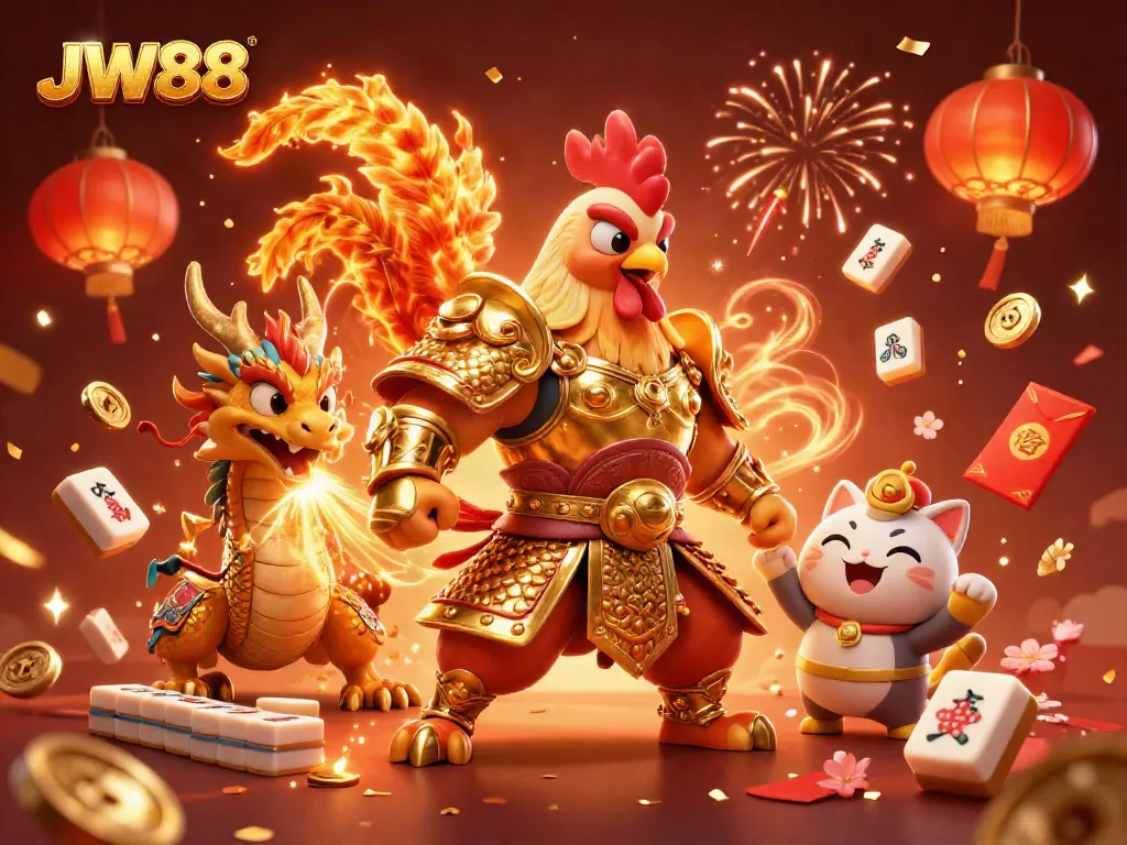 Watch the fierce fighting rooster warrior and dragon hatchling celebrate with explosive visuals at JW88.
