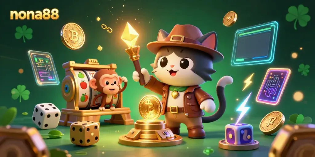 Engage with the exciting world of nona88 casino gaming, featuring colorful slot reels and character action.