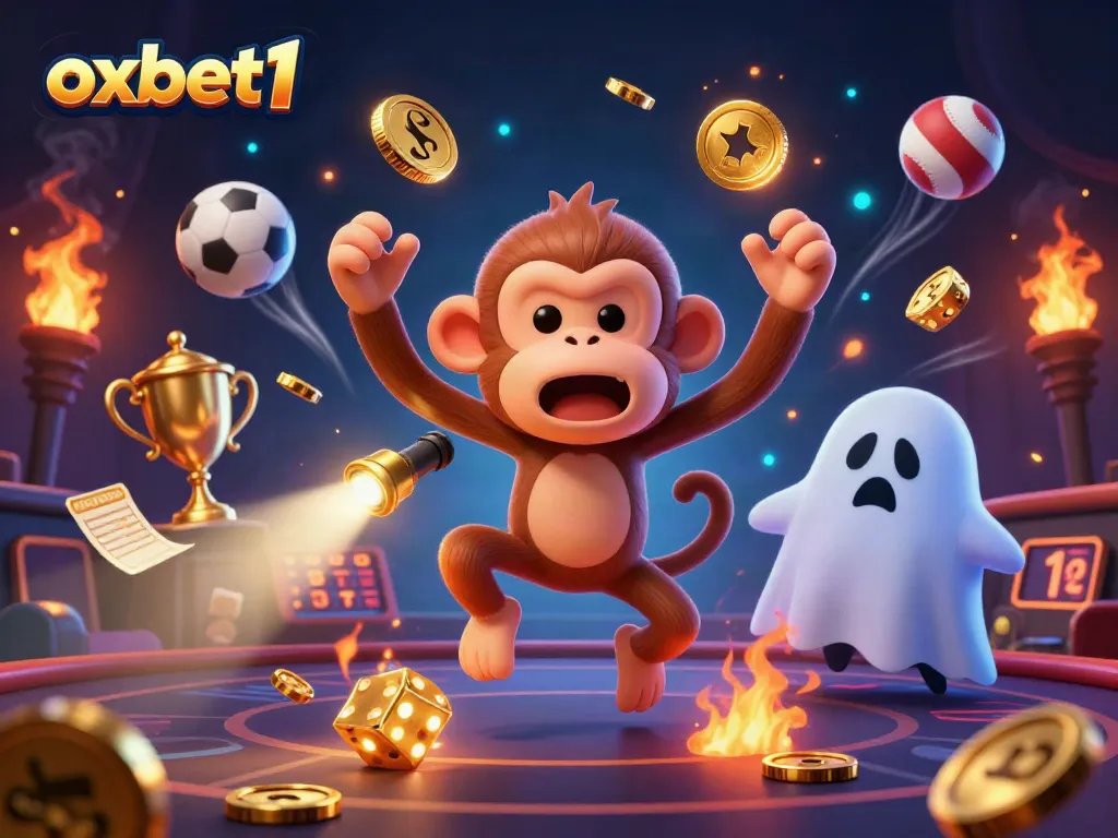 Experience thrilling gaming at oxbet1 with a vibrant casino scene featuring a playful monkey and a curious puppy.