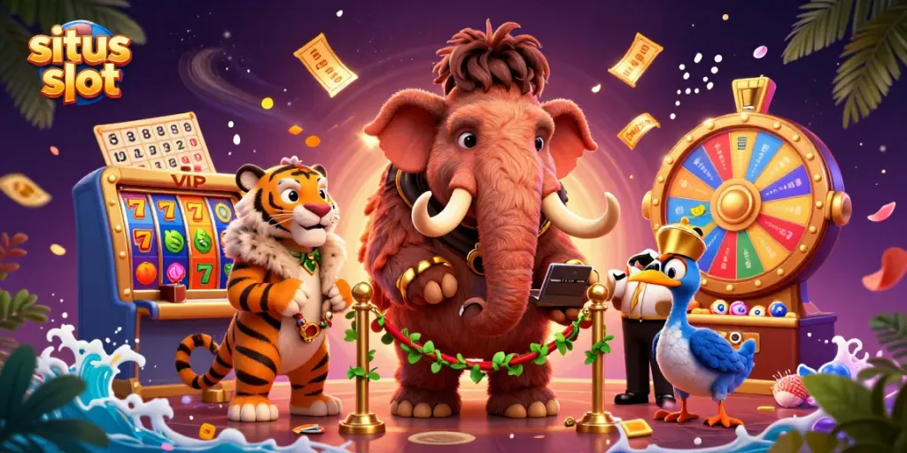Situs slot vibrant scene with a woolly mammoth bouncer, saber-tooth tiger VIP, and dynamic casino elements.
