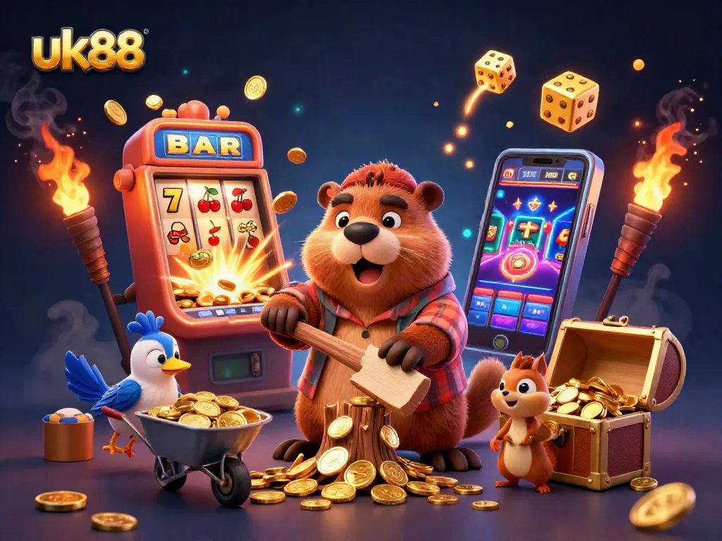 Win jackpots at uk88 with an exciting scene featuring a beaver and friends among slot machines and coins.