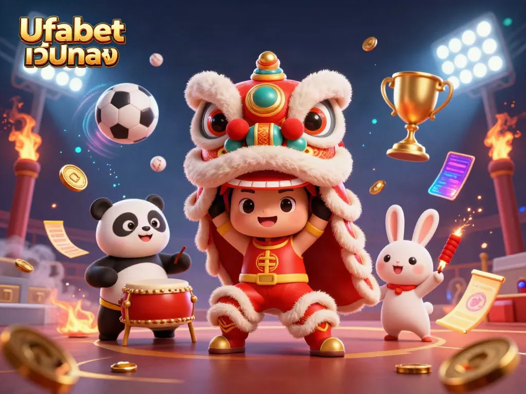 Engage with Ufabet เว็บตรง in a vibrant illustrated casino scene featuring exciting characters and dynamic gaming elements.
