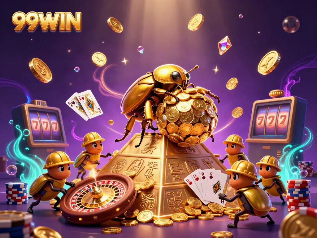 Experience exciting casino gaming with 99WIN's dynamic illustration of golden characters and vibrant elements.