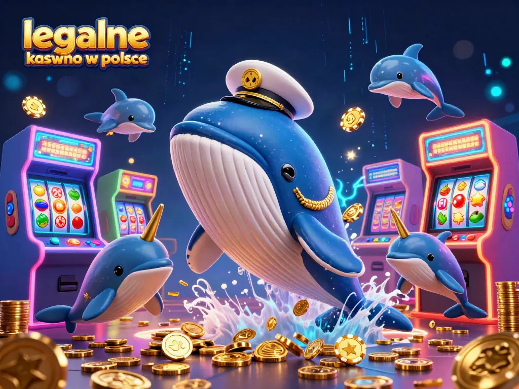 Engage with the vibrant world of legalne kasyno w polsce featuring a cartoon whale overcome by gold coins in a rich gaming scene.