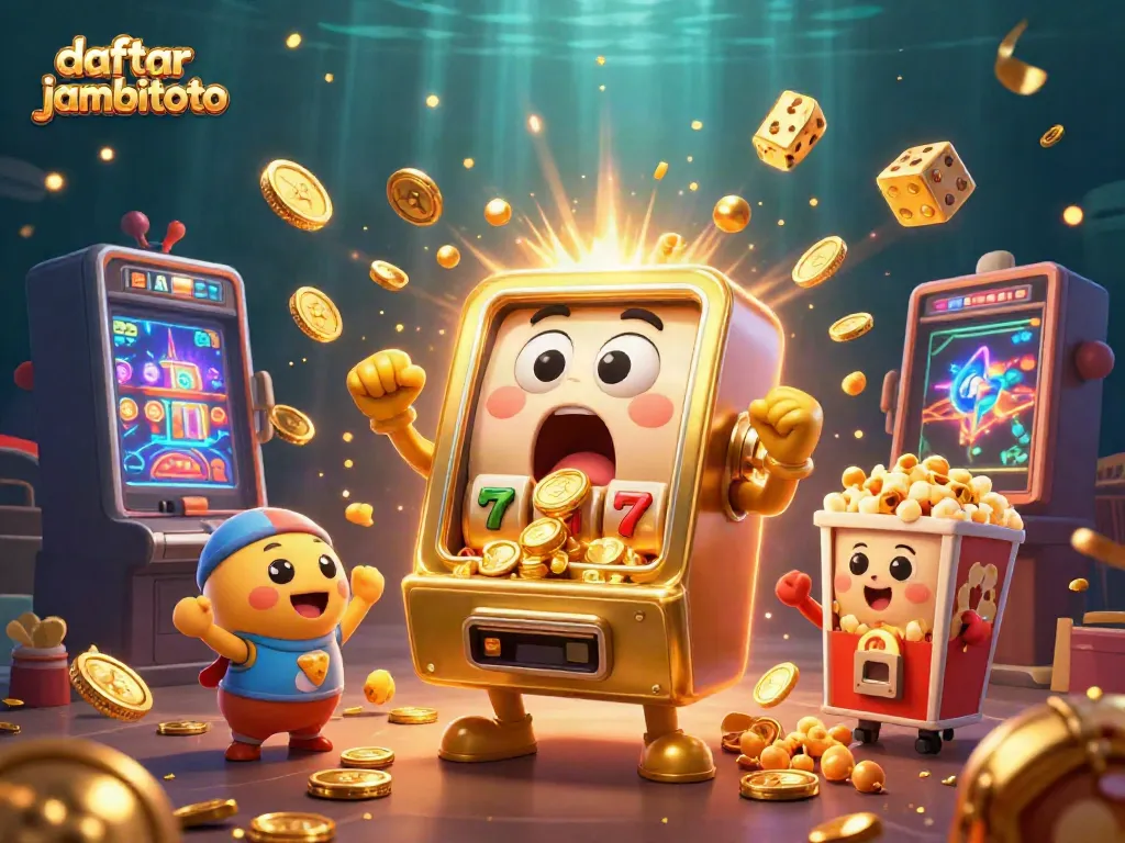 Spin to win with daftar jambitoto and witness golden coins pouring from the charming slot machine.