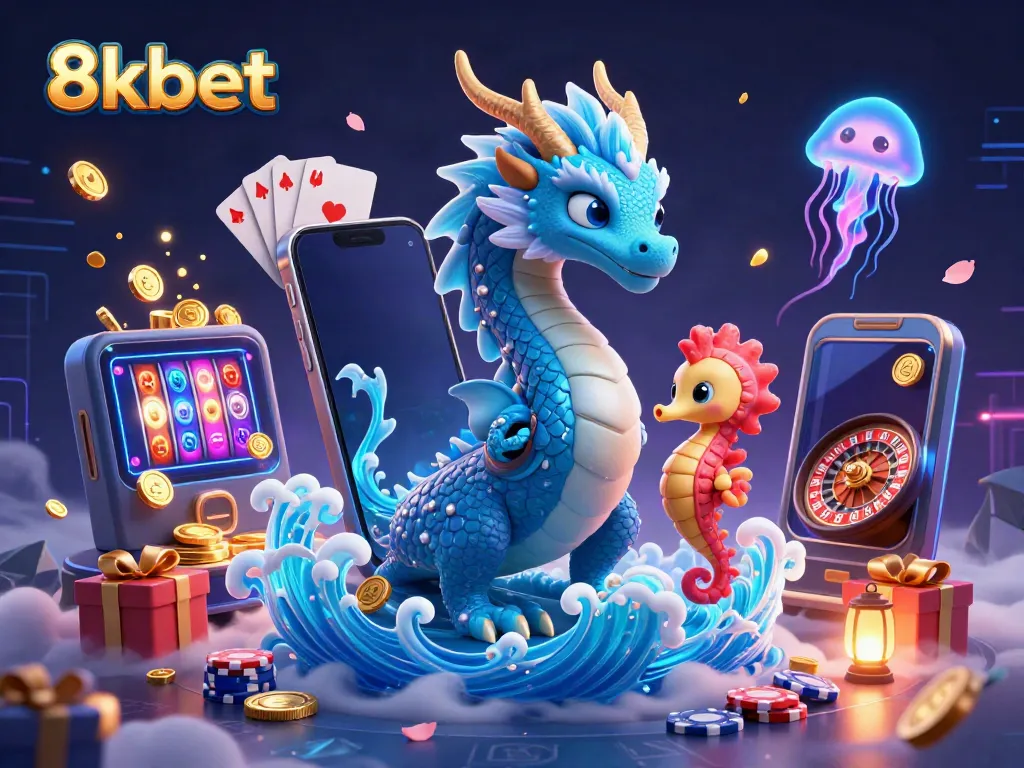 8kbet 3D illustration with a dragon, seahorse knight, and jellyfish celebrating a vibrant casino scene.